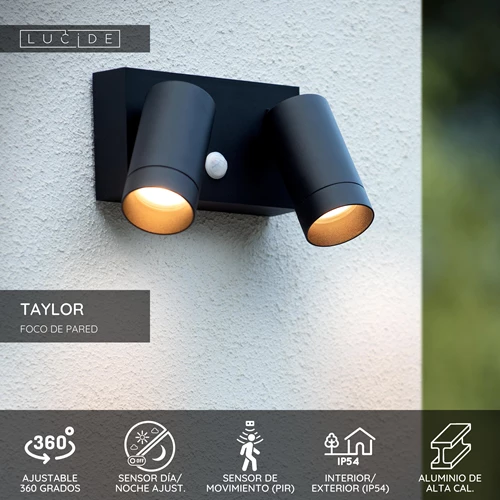 Lucide TAYLOR - Foco de pared / Lámpara de pared Dentro/Fuera - 2xGU10 - IP54 - Sensor movimiento - Negro - USP